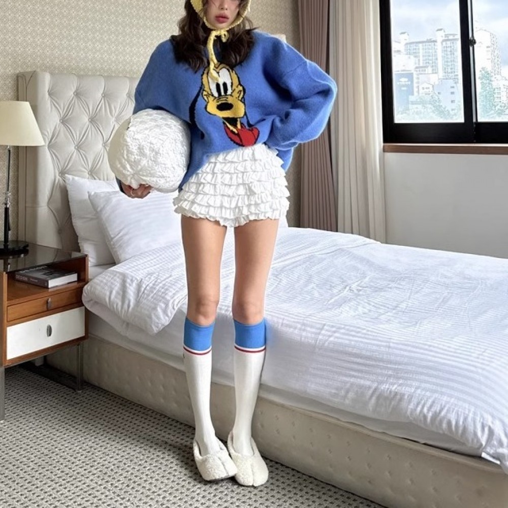 Свитер свободный мягкий стильный с мультяшным принтом синего/серого/темно-синего цвета