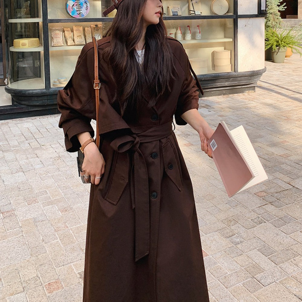 Жіночій тренч plus-size, вільного крою, середньої довжини сірого/коричневого кольору